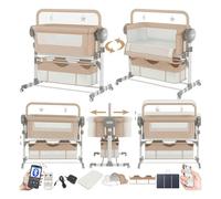 Doraystar Électrique Bluetooth Intelligent Lit Cododo Bebe, Convertible Cododo Berceau Bébé Co-Sommeil, Pliable Lit Bebe avec Matelas, Télécommande, Musique et 5 Vitesses Balancement (608 Khaki)