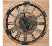 DORBOKER Horloge Murale Engrenages Mobiles Geante 68cm Industrielle Bois Massif Vintage Pendule Murale Silencieuse Steampunk Chiffres Romains pour Salon Cuisine Bar Bureau (Bois Brun)
