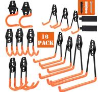 Dorisy Lot de 16 crochets de garage utilitaires doubles robustes avec supports de balai, crochets de montage mural, rangement de garage et cintres pour outils électriques et de jardin, échelles, vélos