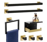 Dorudon atrox Ensemble de matériel de Salle de Bain 7 pièces - Accessoires de Salle de Bain Noirs et dorés - Barre Porte-Serviettes carrée de 5,1 x 58,4 cm, 1 Porte-Serviette à Main, 1 Support de