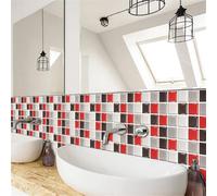 DOTBUY-SHOP Autocollant Carrelage pour Cuisine Salle de Bain, Autocollant Carreaux 10x20cm Auto-Adhésif Stickers Carrelage Résistant à la Chaleur Stickers Carreaux (Rouge + Noir,48 PCS)
