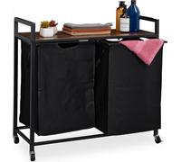 Double bac à linge avec 2 compartiments extensibles - Bac à linge sur roulettes et trieur à linge - Design industriel Noir Marron