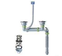 Double bonde d'évier de cuisine en acier inoxydable et PVC, système de tuyau à débit amélioré avec siphon transparent anti-odeurs, ajustement compact pour projets d'amélioration de la maison (double)