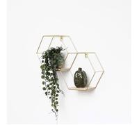 Double étagère murale hexagonale en métal avec 2 tablettes en bois - 30,5x41 cm - Or