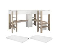 Double lit mezzanine d'angle 2 x 90 x 200 cm - Avec rangements et bureaux - Blanc et naturel + Matelas - LASCANO
