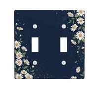 Double plaque de protection pour interrupteur Motif chrysanthème bohème | Fond bleu marine, pétales blancs, feuilles vertes, vigne florale