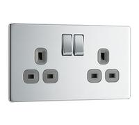 Double prise à interrupteur en acier brossé 13 A - Insert blanc - Par Masterplug NBS22W