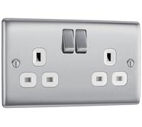 Double prise à interrupteur en acier brossé 13 A - Insert blanc - Par Masterplug NBS22W, gris, NBS22W-01