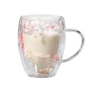 Double Walled Glass Coffee Mugs | 350ml Clear Double-Layered Flower Cups | Heat Resistant Aesthetic Mugs with Handle | Decorative Coffee Mug for Hot and Cold Beverages, Perfect for Home and Gifting