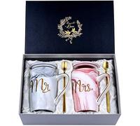 Doublewhale Coffrets Cadeaux Couple Mariage Mr Mrs Tasse à Café en Céramique, avec Couvercle et Cuillère, pour Mariée et Le Marié - 14 Oz