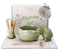 Doublewhale Ensemble Matcha - Kit Fouet et Bol, Ensemble de Fouet à Matcha 7 Pièces Bol en Céramique et Support, Cuillère en Bambou et Support, Tamis, Tissu à Thé, Kit de Préparation Cadeau pour