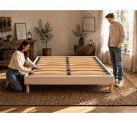 Douce Lune Sommier 140x200 Beige, Hauteur 30 cm, à Lattes Actives en Bois, Cadre Tapissé, Structure et Pieds Solide en Bois Massifs, Stable et Silencieux, Lit 2 Places pour Chambre Adulte