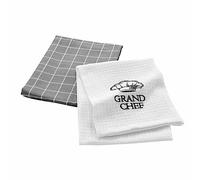 Douceur d'Intérieur Torchons de cuisine Grand Chef Lot de 2 50x70 cm Coton nid d'abeille brodé Gris