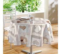 Douceur d'Intérieur, Nappe Ronde (Diamètre 160 cm) Cosy Coeur Naturel, PVC Imprimé