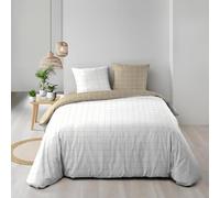 Housse de couette réversible CADRIA 240 x 220 cm - 100% coton 57 fils + 2 taies (beige/blanc)