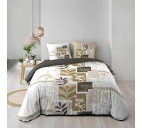 Housse de couette 240x220 cm UTOPIA - Coton 100% 57 fils + 2 taies 63x63 cm - Motif floral beige