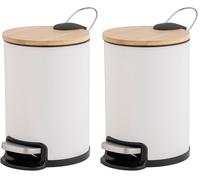 Douceur d'Intérieur, Poubelle de Salle de Bain (3 l) Mobelle Blanc, Métal Uni et Bambou (Lot de 2)