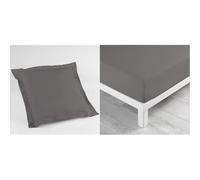 Douceur d'Intérieur, Taie d'oreiller (63 x 63 cm) Lina Gris Souris, 100% Coton, Drap Housse (90 x 190 cm) Lina Gris Souris, 100% Coton