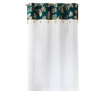 Douceur d'Intérieur, Voilage à Oeillets (140 x 240 cm) Sabaly Bleu, Voile Sablé avec Top Velours Imprimé Or