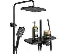 Douche à effet pluie, sans robinetterie, avec étagère, système de douche avec pommeau de douche en acier inoxydable, colonne de douche réglable, douchette de tête, carrée, 25 x 25 cm, noire