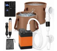 Douche de camping portable avec chauffage, seau de 20 l et chauffe-eau submersible, pompe de douche de camping rechargeable avec 5200 mAh, pommeau de douche 3 modes avec arrêt d'eau, douchette