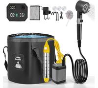 Douche de camping portable, avec pompe, batterie rechargeable 8000mAh. Douche mobile, kit de douche pour camping comprenant une pomme de douche réglable, un seau pliable de 20 litres, et étanche IPX7