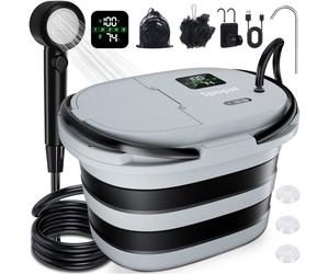 Douche de camping portable pliante : Unité intégrée 20L, longue autonomie, IPX8, batterie 13000mAh, écran LED, 5 vitesses réglables