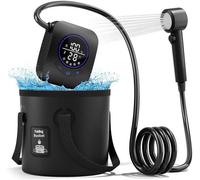 Douche de camping portable, pompe de douche de camping de 8000 mAh avec indicateur de température, seau pliable de 5 gallons