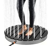 Douche de jardin en WPC, modèle rond, couleur anthracite. Douche extérieure pour jardin, piscine, sauna. Surface antidérapante, résistante aux intempéries, avec aspect bois. Hauteur de la fontaine jus