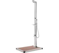 Douche de jardin extérieure, acier inoxydable et WPC marron, 225 cm, douchette, robinet lave-pieds, douche de tête 25 buses, base 80x62x5 cm