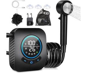 Douche d'extérieur portable, avec écran intelligent et pommeau de douche à 4 réglages, pour le camping en pleine nature, couleur grise.