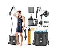 Douche portable avec chauffage 1500W - Chauffe-eau de camping avec pommeau de douche, 3 modes de pulvérisation, 6000mAh, pompe de douche rechargeable avec affichage LED, seau pliable pour l'extérieur