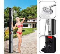 Douche solaire 60L argentée avec support - Équipée d'un couvercle de protection, d'un bouchon de vidange et d'une douchette, idéale pour le jardin et la piscine