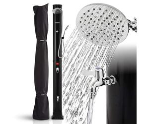 Douche solaire AREBOS 40 L noire avec thermomètre – Douche de piscine et de jardin avec pomme de douche à effet pluie, douchette à main, douche pour les pieds et pomme de douche pivotante à 360°, capo
