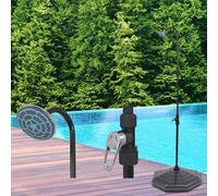 Douche solaire de 20 litres, en aluminium et HDPE, pour une utilisation en extérieur, avec socle de support, pommeau de douche inclus, idéale pour le jardin, la piscine ou le camping