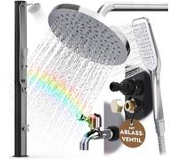 Douche solaire, douche de jardin de 40 litres avec pommeau de douche manuel, douche pour sauna, piscine de jardin, douche extérieure noire avec pare-éclaboussures en acier inoxydable 304 / V2A