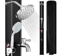 Douche solaire Izrielar 35 litres avec colonne en noir – Kit complet avec housse de protection, douchette à main et bouchon de vidange (douche de jardin, douche de piscine)