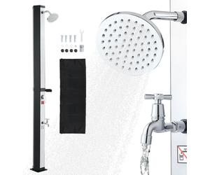 Douche solaire VEVOR 35 L, douche de jardin 2160 mm, douche d'extérieur avec robinetterie à pied & porte-savon, réglage eau chaude & froide, max. 60°C, douche de camping pour jardin, zone de piscine,
