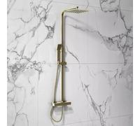 Douche thermostatique Lunar en laiton brossé avec colonne montante rigide, tête fixe et pommeau - Système de douche double fonction complet en laiton brossé