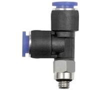 Douille en T » Mini Série bleue en forme de L rotative, M3, pour tuyau extérieur Ø 3 mm, pression de travail max. 10 bars, plastique/MS vern.