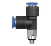 Douille en T » Mini Série bleue en forme de L rotative, M3, pour tuyau extérieur Ø 4 mm, pression de travail max. 10 bars, plastique/MS vern.