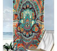 [Doux et séchage rapide] Serviette de plage en microfibre 250g/m² | Disponible en 70*140cm/90*180cm | Imprimé mandala et main de Fatma | Serviette de bain portable très absorbante | Convient pour la p
