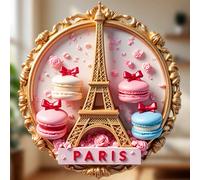 Doux moments parisiens : Décoré de macarons superposés, de la tour Eiffel, de roses roses et de pétales éparpillés dans un cadre doré, avec le mot "Paris" en rose - Apporte une élégance dorée à votre 