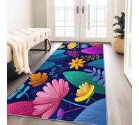 Doux Tapis de Cuisine 60 x 180 cm Fleurs Plantes Et Feuilles Rétro Éclatantes Tapis à Poils Courts Lavable Antidérapant pour Couloir Salon Chambre Cuisine Balcon Entrée Interieur, Bleu Foncé