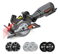 DOVAMAN Mini scie circulaire, 710 W 115mm Scie circulaire manuelle avec laser, 3500rpm, poignée auxiliaire en métal, profondeur de coupe 43 mm (90°), 29 mm (45°), 6 lames de scie, idéale pour le bois,