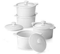 DOWAN Ramequins avec Couvercles Lot, 4 X 210 ml Ramequins et Moules à Soufflés en Porcelaine, Ramequin Creme Brulee pour Muffin & Gâteau, Ramequin Four à Pâtisserie, Glace, Sauce, Fruit, Ø10cm-Blanc