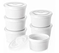 DOWAN Ramequins avec Couvercles Lot, 6 X 235 ml Ramequins et Moules à Soufflés en Porcelaine, Ramequin Creme Brulee pour Muffin & Gâteau, Ramequin Four à Pâtisserie, Glace, Sauce, Fruit, Ø10cm-Blanc