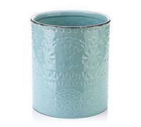 DOWAN Support Ustensiles, 15,8 x 18,0 cm Grand Ustensiles de Cuisine en Céramique, Pot Ustensiles de Cuisine en Relief Romantique, Seau à Glace, Vase, Rangement, Décoration de la Maison | Bleu