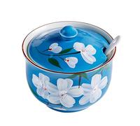 Dowbom Sucrier en Céramique avec Couvercle et Cuillère, Pot de Rangement de 300 ml, Pot à Sucre (Bleu)