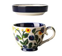 Dowbom Tasse à soupe avec couvercle, 500ml Bol à soupe micro-ondes, Tasse à soupe en céramique Petit bol à soupe (Bleu, Tasse & Couvercle)